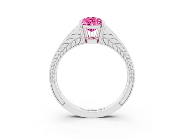 Silver Pear Cut Pink Sapphire Split Shank Ring with Pavé Band and Four-Prong Setting
