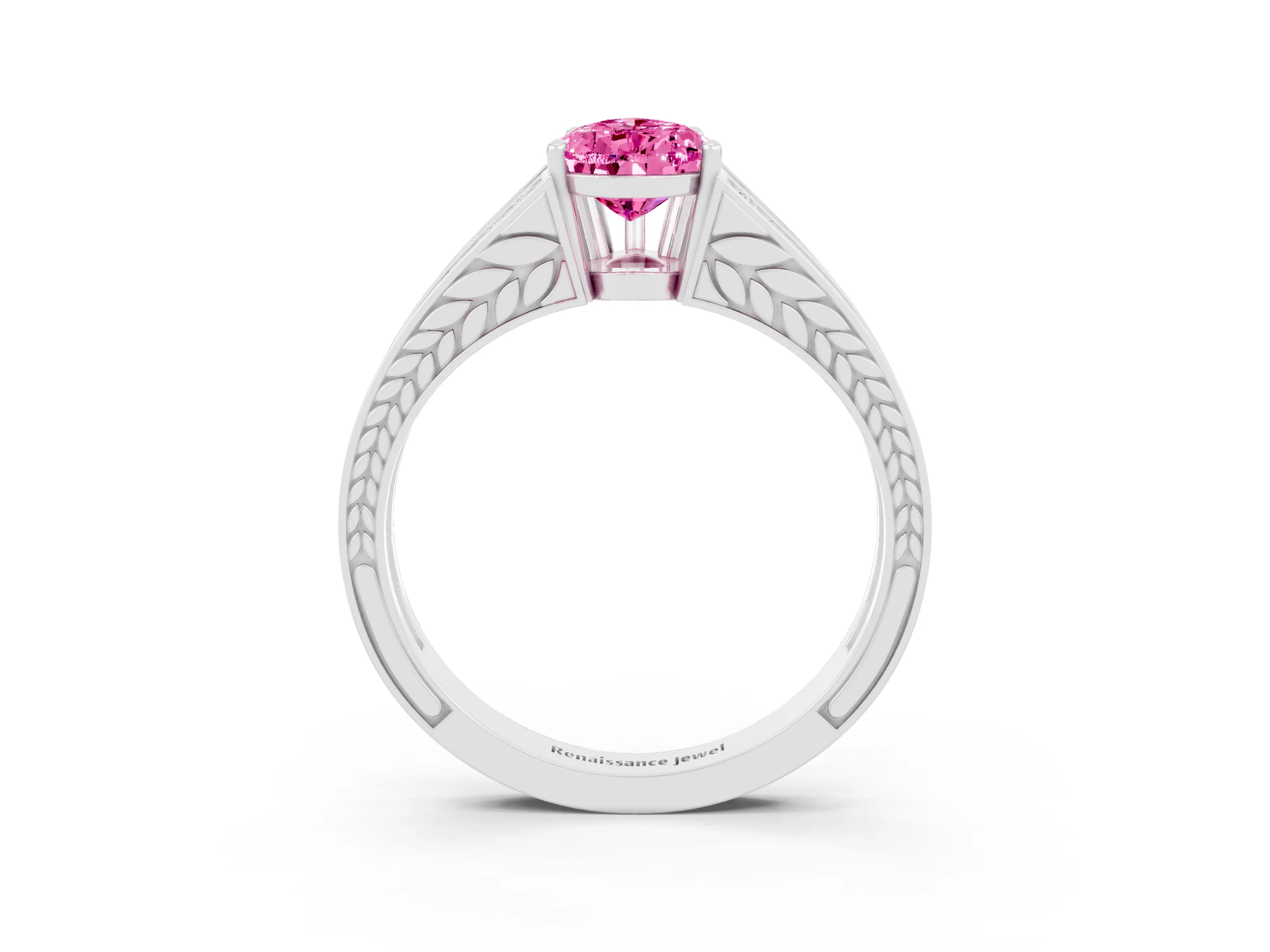White gold Pear Cut Pink Sapphire Split Shank Ring with Pavé Band and Four-Prong Setting_3
