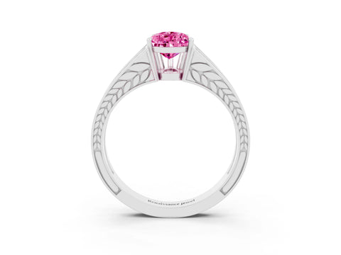 White gold Pear Cut Pink Sapphire Split Shank Ring with Pavé Band and Four-Prong Setting_3