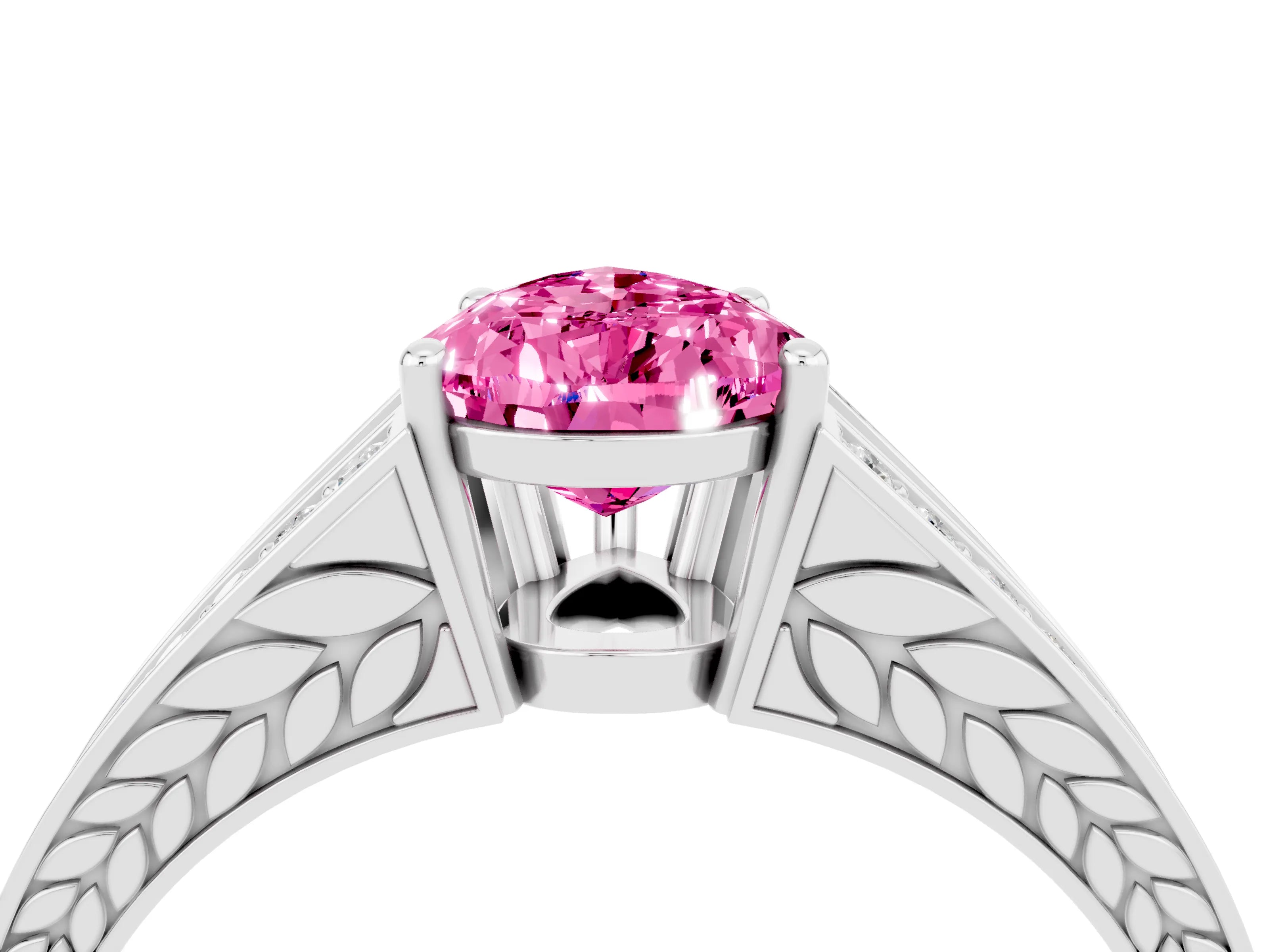 White gold Pear Cut Pink Sapphire Split Shank Ring with Pavé Band and Four-Prong Setting_4