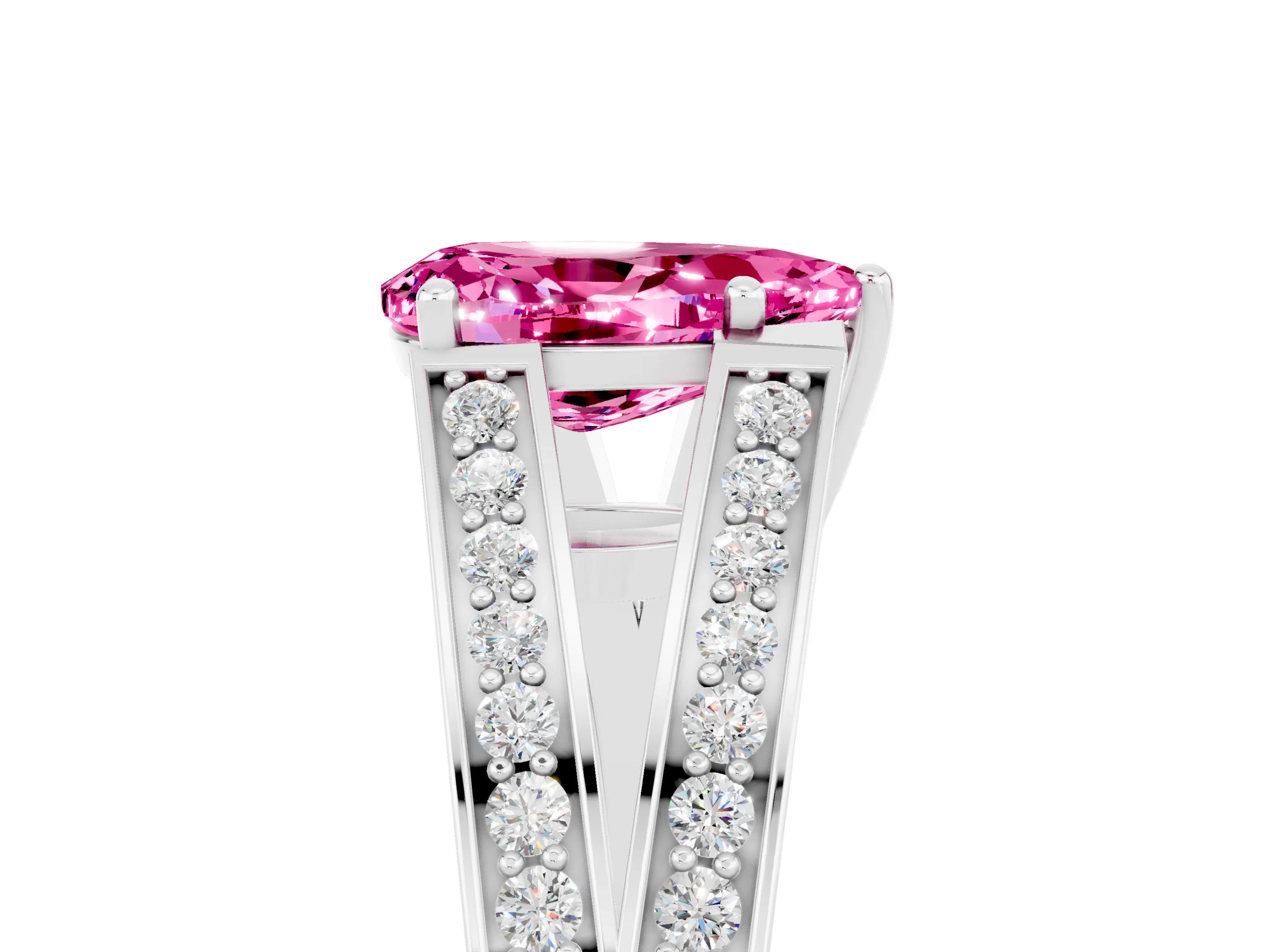 White gold Pear Cut Pink Sapphire Split Shank Ring with Pavé Band and Four-Prong Setting_5