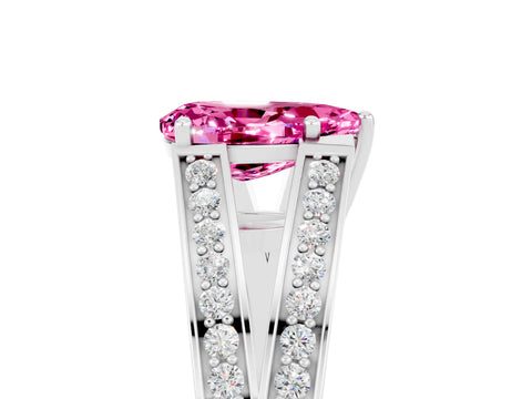 White gold Pear Cut Pink Sapphire Split Shank Ring with Pavé Band and Four-Prong Setting_5