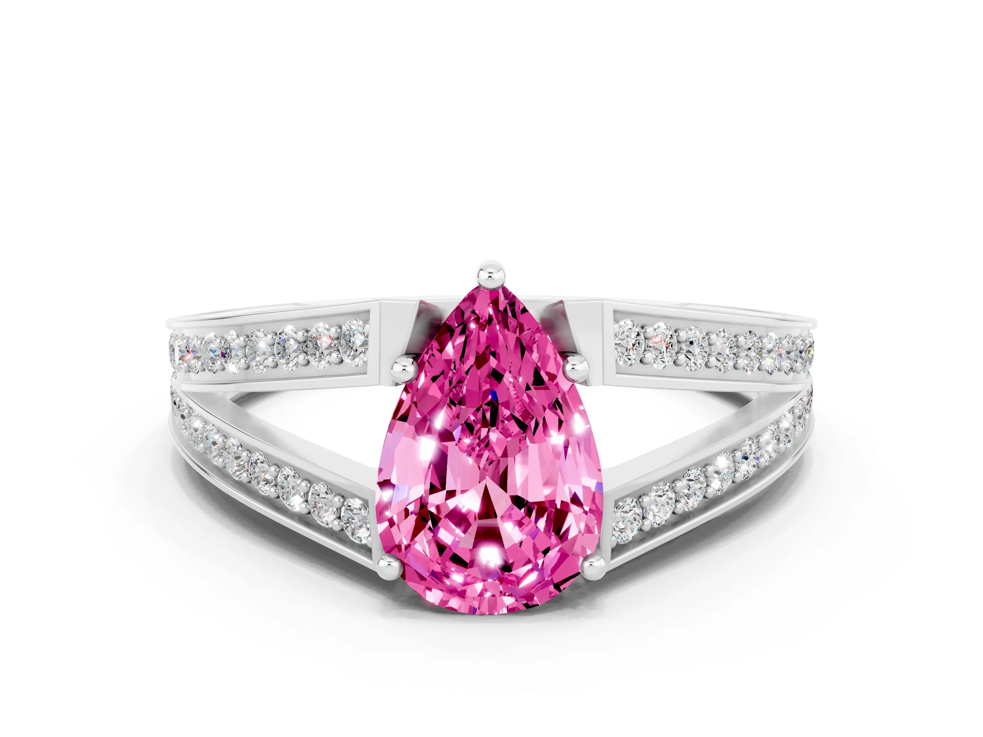 White gold Pear Cut Pink Sapphire Split Shank Ring with Pavé Band and Four-Prong Setting