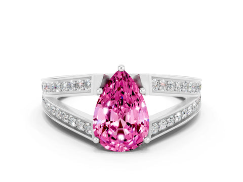 White gold Pear Cut Pink Sapphire Split Shank Ring with Pavé Band and Four-Prong Setting