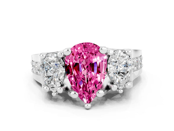 Platinum Pear Cut Pink Sapphire Three-Stone Ring with Channel Set Band and Four-Prong Setting