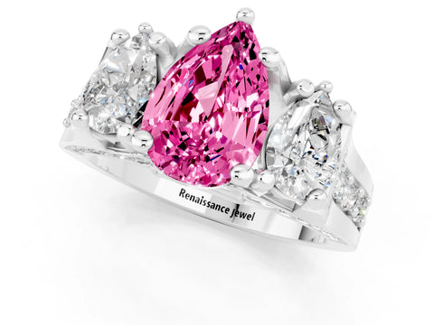 White gold Pear Cut Pink Sapphire Three-Stone Ring with Channel Set Band and Four-Prong Setting_1