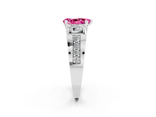 Platinum Pear Cut Pink Sapphire Three-Stone Ring with Channel Set Band and Four-Prong Setting