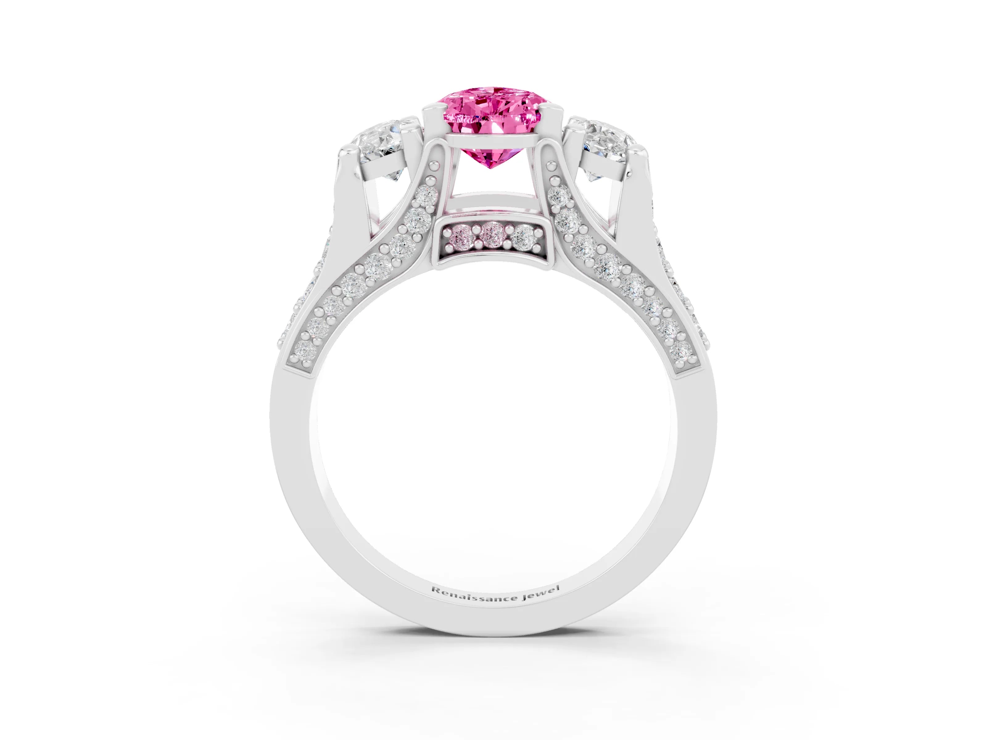 White gold Pear Cut Pink Sapphire Three-Stone Ring with Channel Set Band and Four-Prong Setting_3