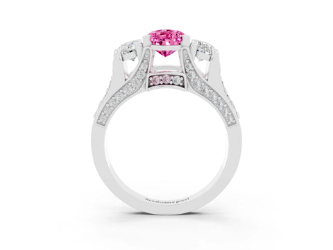 White gold Pear Cut Pink Sapphire Three-Stone Ring with Channel Set Band and Four-Prong Setting_3