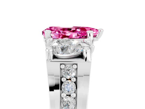 White gold Pear Cut Pink Sapphire Three-Stone Ring with Channel Set Band and Four-Prong Setting_5