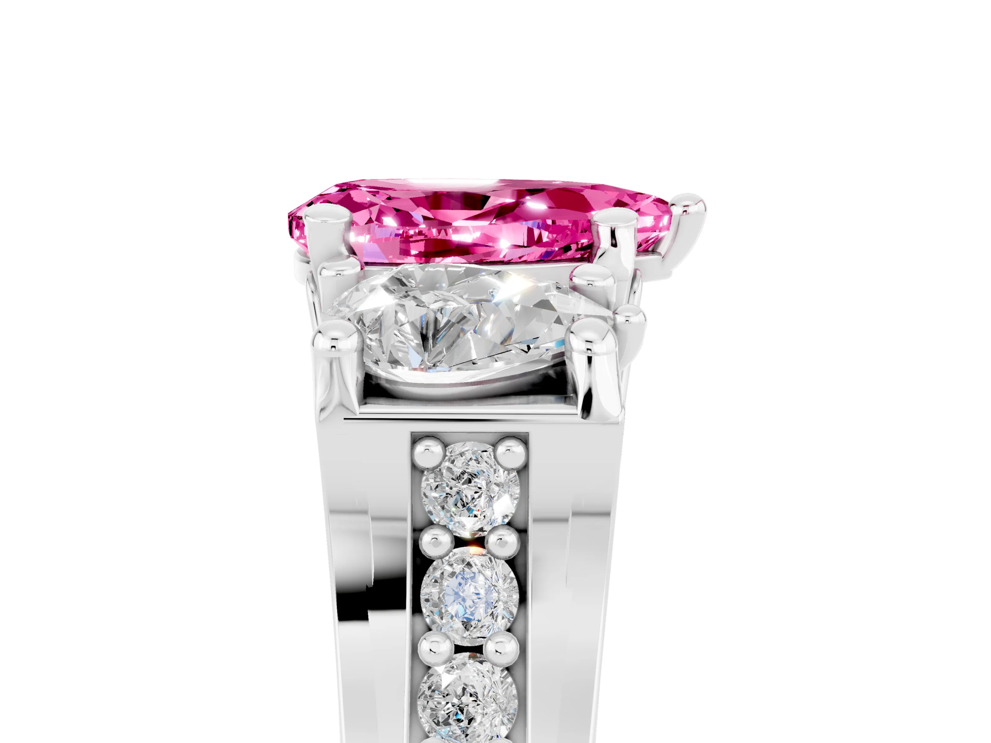 White gold Pear Cut Pink Sapphire Three-Stone Ring with Channel Set Band and Four-Prong Setting_5