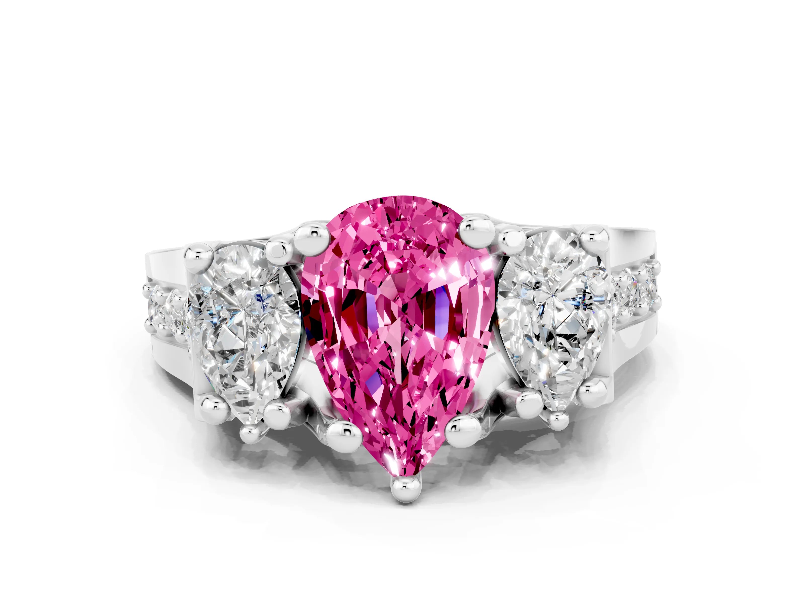 White gold Pear Cut Pink Sapphire Three-Stone Ring with Channel Set Band and Four-Prong Setting