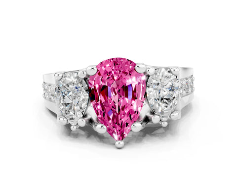 White gold Pear Cut Pink Sapphire Three-Stone Ring with Channel Set Band and Four-Prong Setting