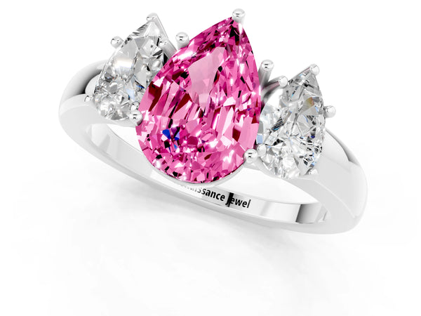 White gold Pear Cut Pink Sapphire Three-Stone Ring with Four-Prong Setting and Classic Band