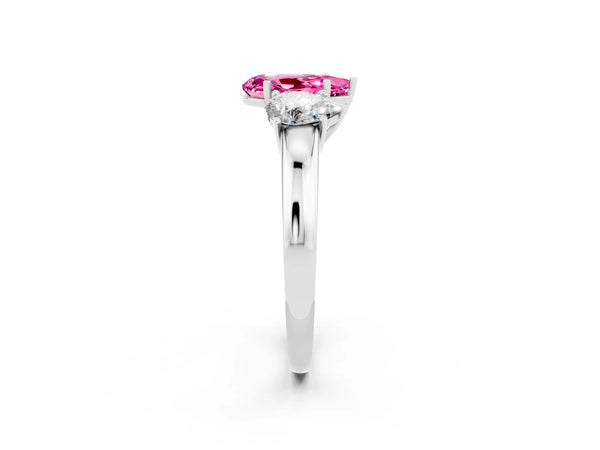 Silver Pear Cut Pink Sapphire Three-Stone Ring with Four-Prong Setting and Classic Band