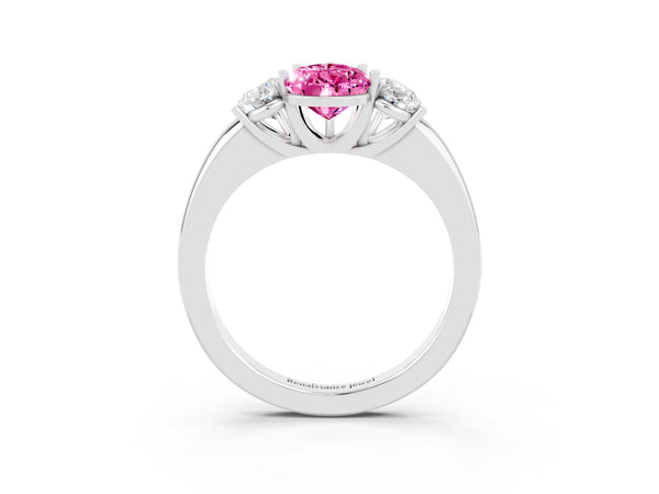 White gold Pear Cut Pink Sapphire Three-Stone Ring with Four-Prong Setting and Classic Band