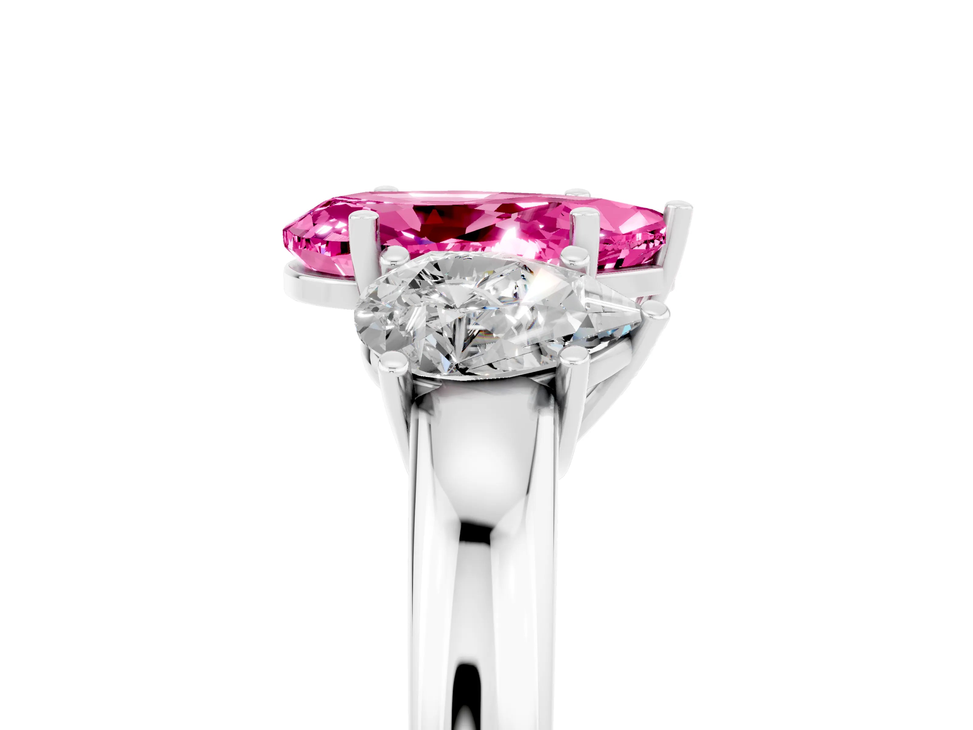 White gold Pear Cut Pink Sapphire Three-Stone Ring with Four-Prong Setting and Classic Band_5