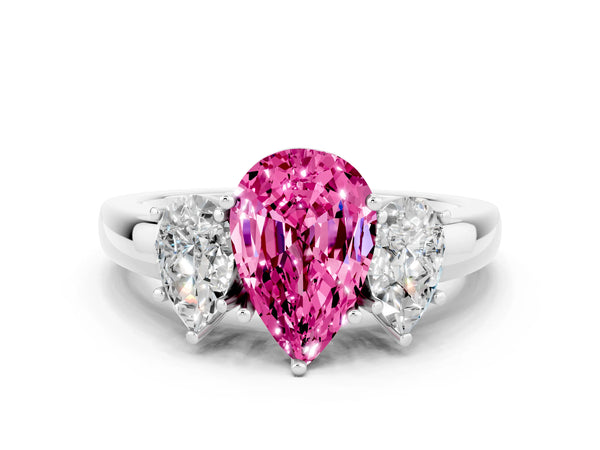 White gold Pear Cut Pink Sapphire Three-Stone Ring with Four-Prong Setting and Classic Band