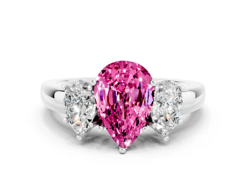 White gold Pear Cut Pink Sapphire Three-Stone Ring with Four-Prong Setting and Classic Band