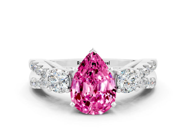 Platinum Pear Cut Pink Sapphire Three-Stone Ring with Pavé Split Shank and Four-Prong Setting