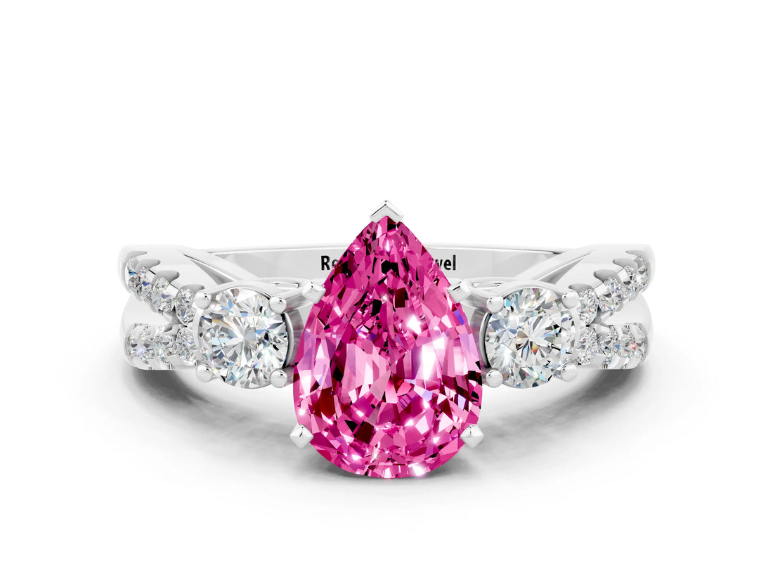 White gold Pear Cut Pink Sapphire Three-Stone Ring with Pavé Split Shank and Four-Prong Setting_36