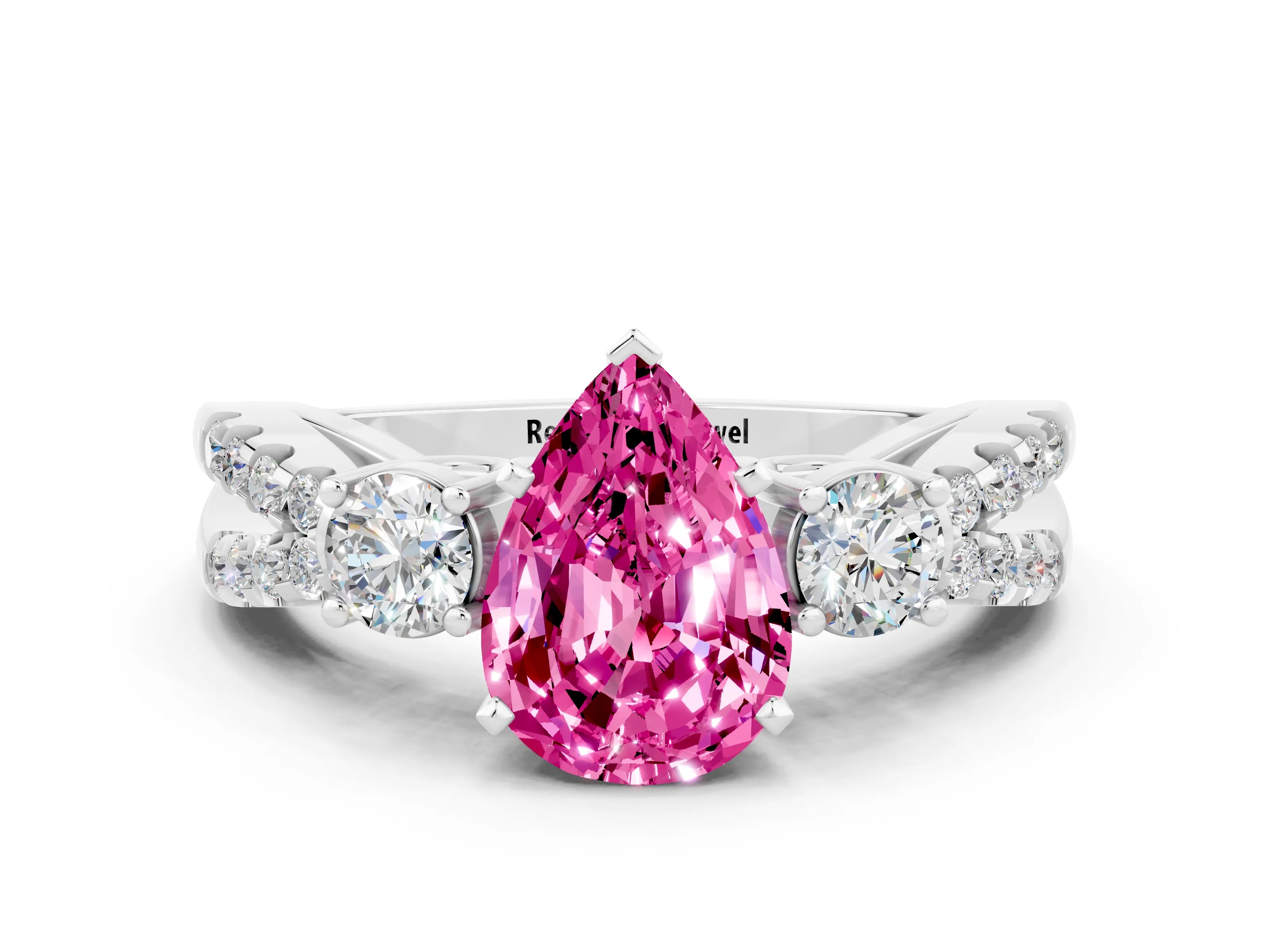 White gold Pear Cut Pink Sapphire Three-Stone Ring with Pavé Split Shank and Four-Prong Setting_36