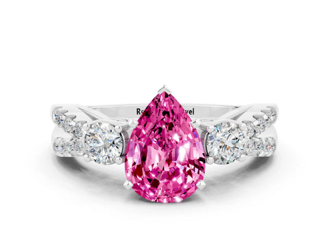 White gold Pear Cut Pink Sapphire Three-Stone Ring with Pavé Split Shank and Four-Prong Setting_36