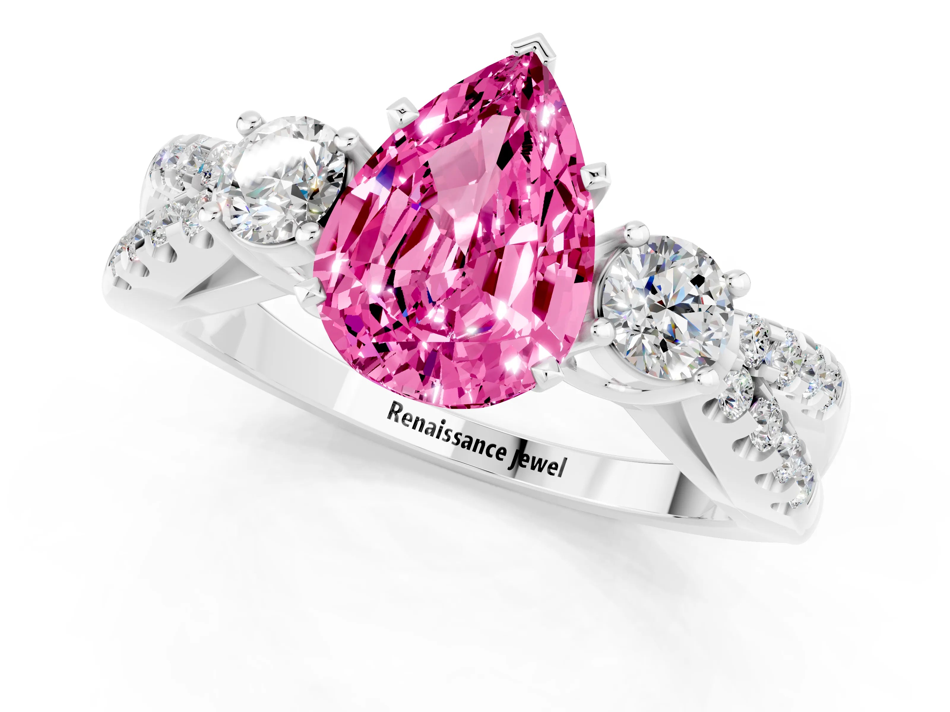 White gold Pear Cut Pink Sapphire Three-Stone Ring with Pavé Split Shank and Four-Prong Setting_37