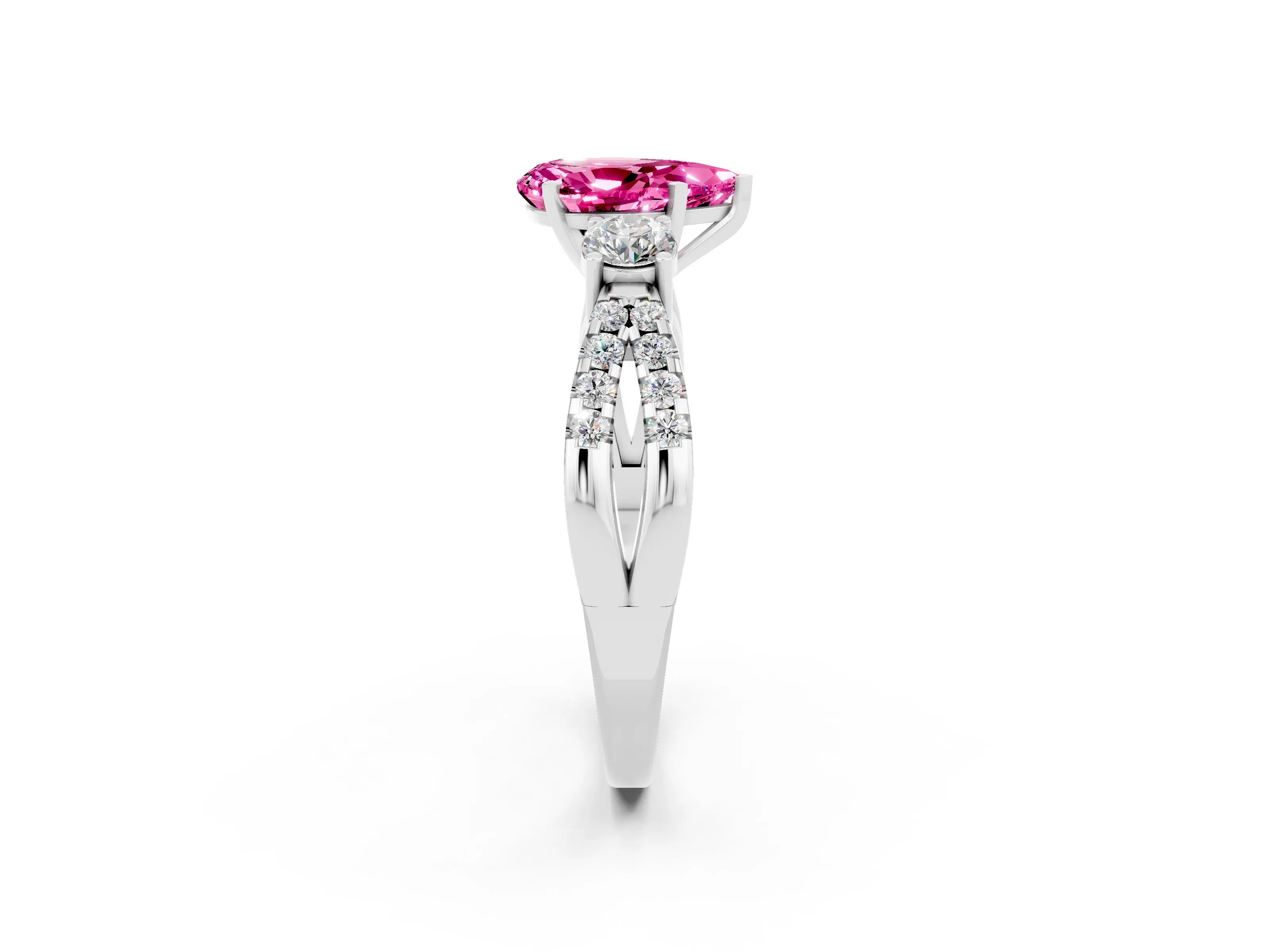 White gold Pear Cut Pink Sapphire Three-Stone Ring with Pavé Split Shank and Four-Prong Setting_38
