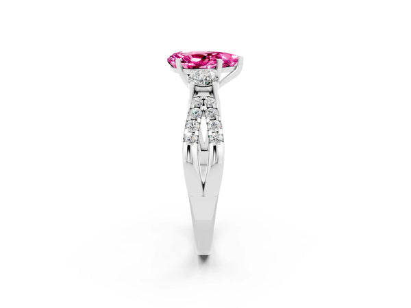 Silver Pear Cut Pink Sapphire Three-Stone Ring with Pavé Split Shank and Four-Prong Setting