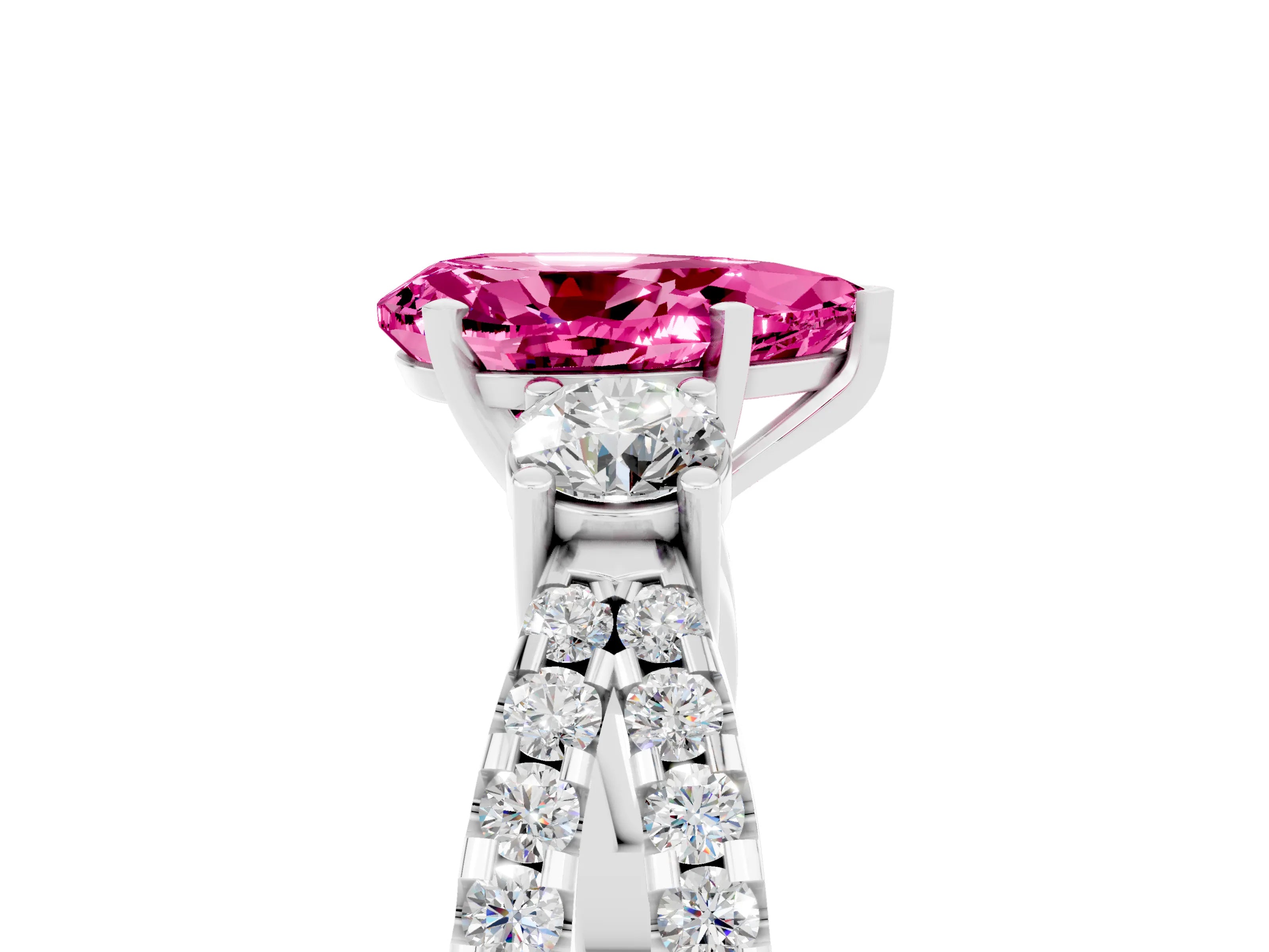White gold Pear Cut Pink Sapphire Three-Stone Ring with Pavé Split Shank and Four-Prong Setting_41