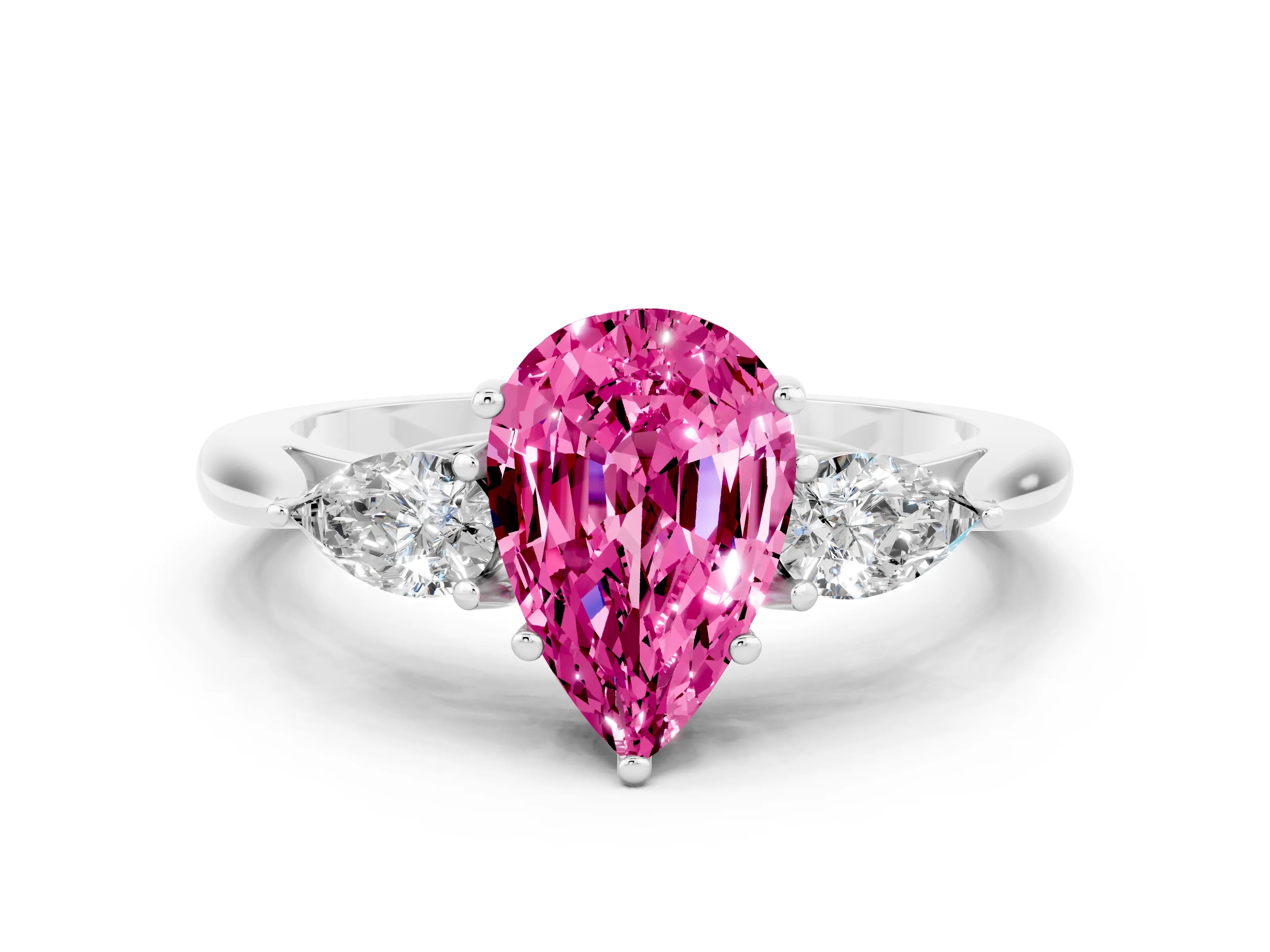 White gold Pear Cut Pink Sapphire Three-Stone Ring with Pear Side Stones and Four-Prong Setting_30