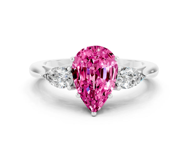 White gold Pear Cut Pink Sapphire Three-Stone Ring with Pear  Side Stones and Prong Setting