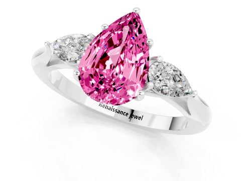 White gold Pear Cut Pink Sapphire Three-Stone Ring with Pear Side Stones and Four-Prong Setting_37
