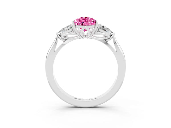 Platinum Pear Cut Pink Sapphire Three-Stone Ring with Pear  Side Stones and Prong Setting