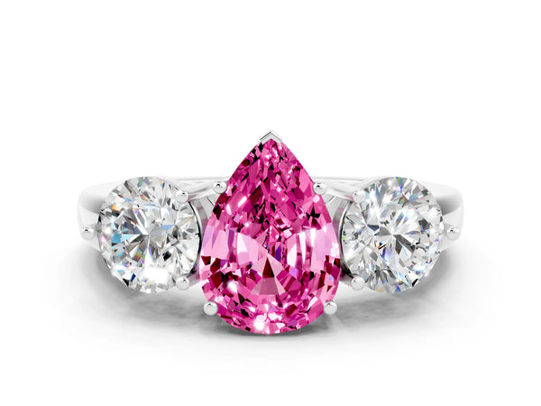 Silver Pear Cut Pink Sapphire Three-Stone Ring with Prong Setting and Classic Band
