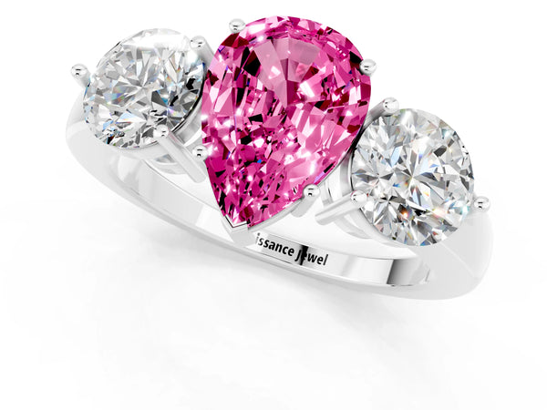 White gold Pear Cut Pink Sapphire Three-Stone Ring with Prong Setting and Classic Band