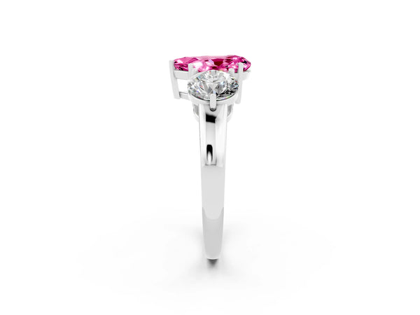White gold Pear Cut Pink Sapphire Three-Stone Ring with Prong Setting and Classic Band