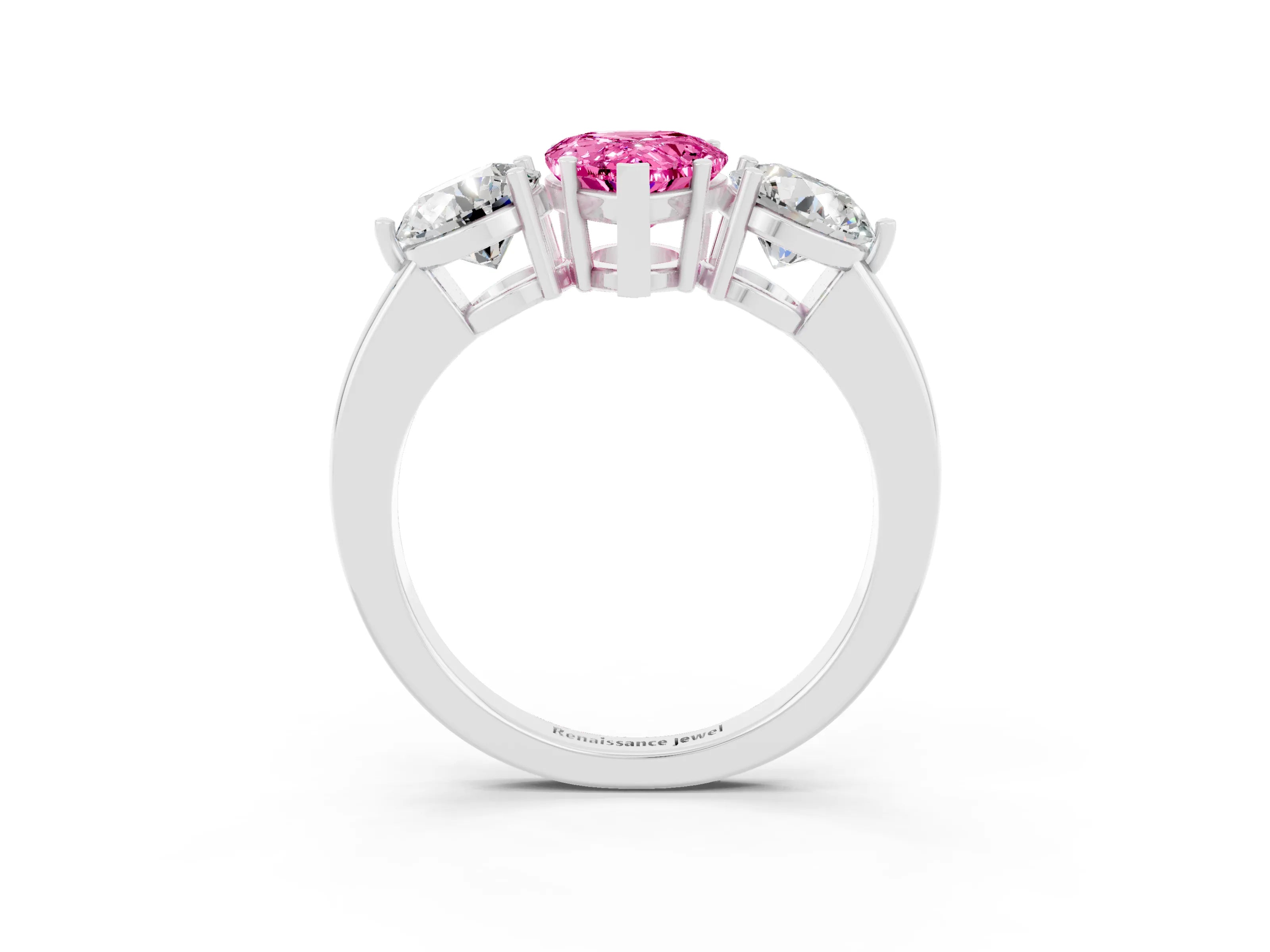 White gold Pear Cut Pink Sapphire Three-Stone Ring with Prong Setting and Classic Band_3