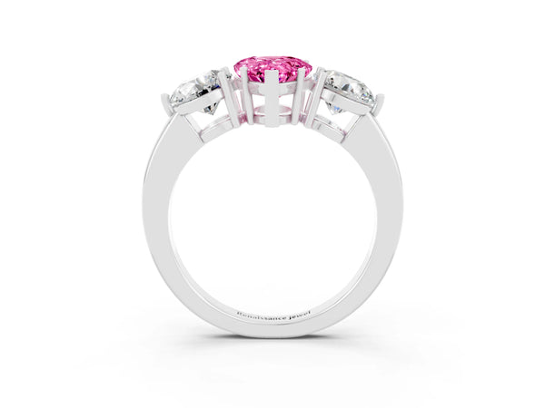 Platinum Pear Cut Pink Sapphire Three-Stone Ring with Prong Setting and Classic Band