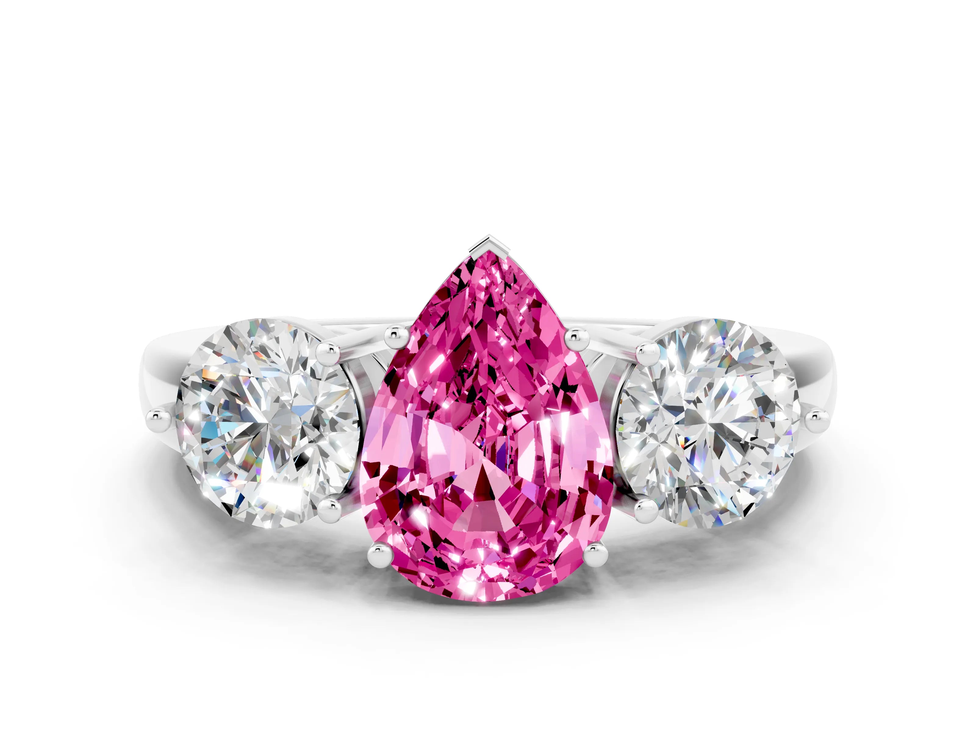 White gold Pear Cut Pink Sapphire Three-Stone Ring with Prong Setting and Classic Band