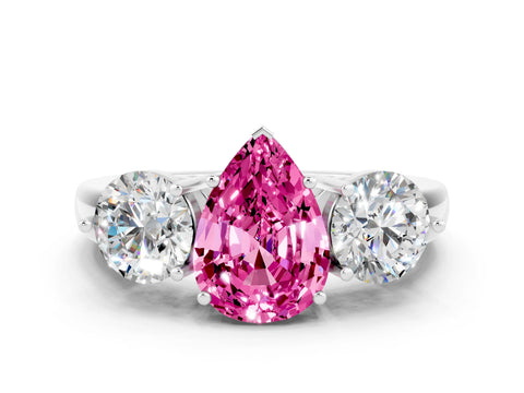 White gold Pear Cut Pink Sapphire Three-Stone Ring with Prong Setting and Classic Band