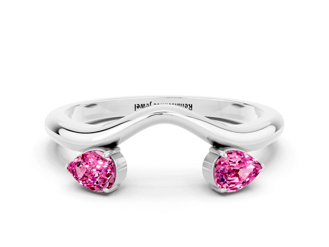 White gold Pear Cut Pink Sapphire Two-Stone Open Band Ring with Prong Setting_18