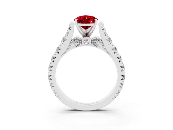 Platinum Pear Cut Ruby Classic Solitaire Ring with Pavé Band and Four-Prong Setting
