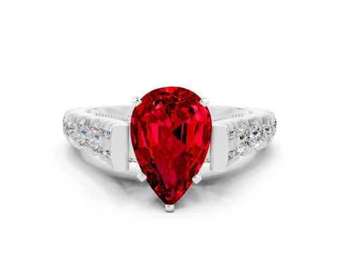 White gold Pear Cut Ruby Classic Solitaire Ring with Pavé Band and Four-Prong Setting