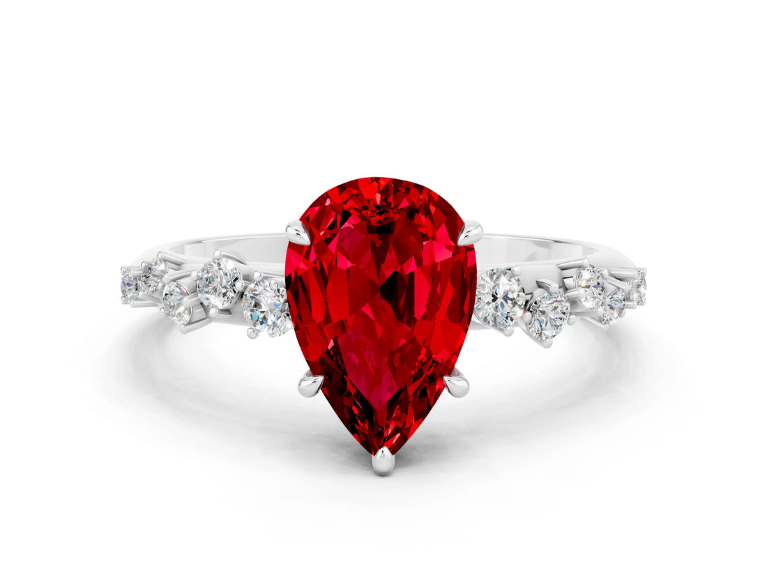 White gold Pear Cut Ruby Cluster Side Stone Solitaire Ring with Prong Setting_24