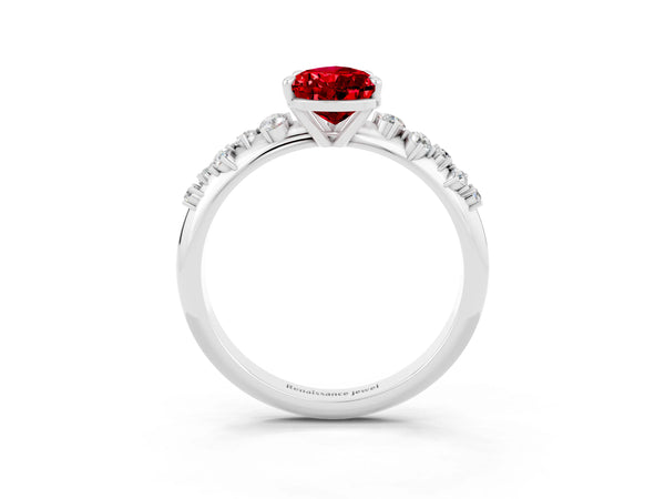 White gold Pear Cut Ruby Cluster Side Stone Solitaire Ring with Prong Setting