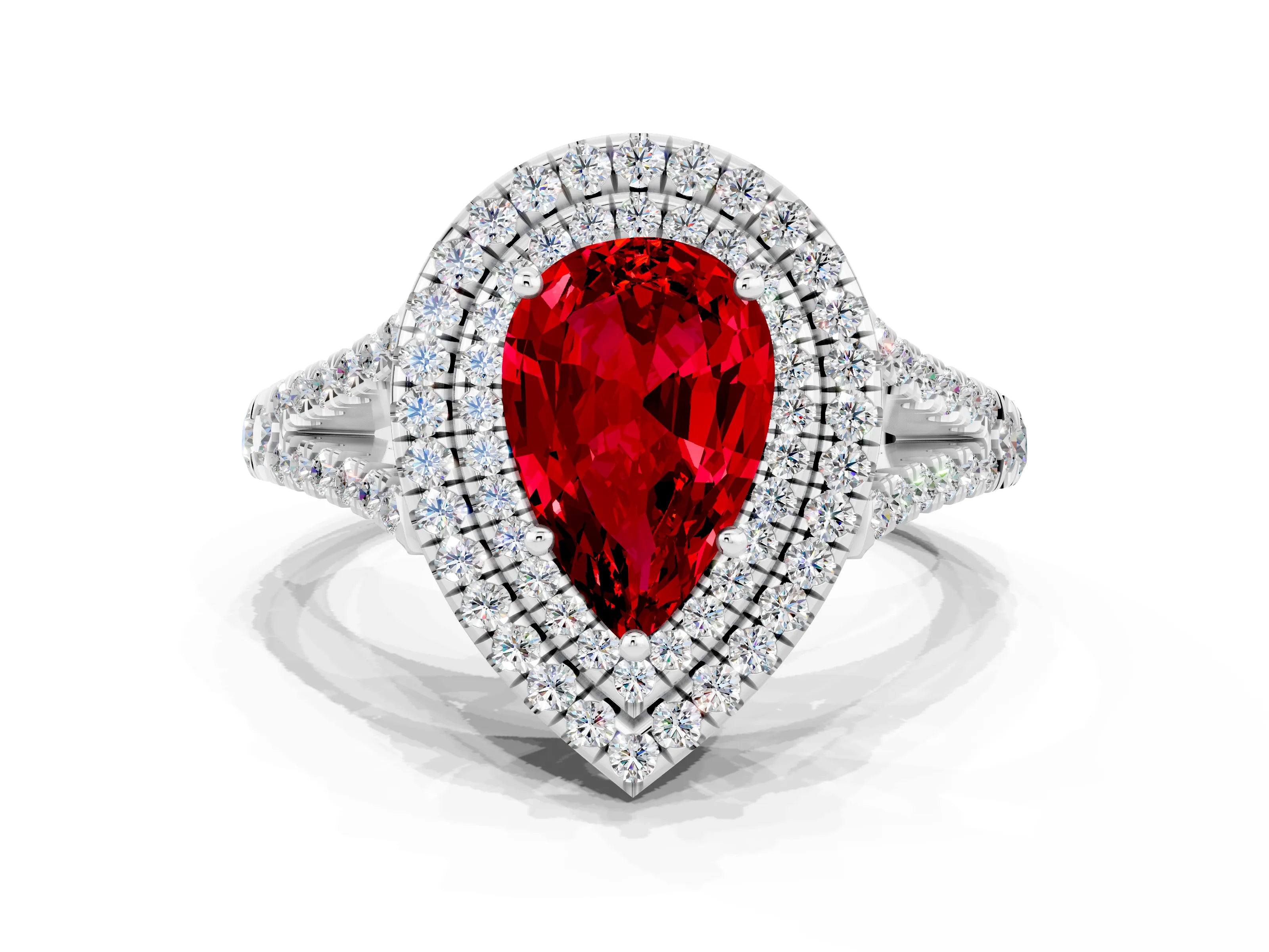 White gold Pear Cut Ruby Double Halo Ring with Pavé Band and Prong Setting_12