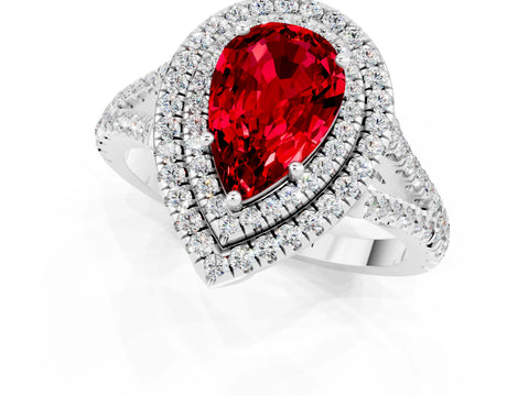 White gold Pear Cut Ruby Double Halo Ring with Pavé Band and Prong Setting_13