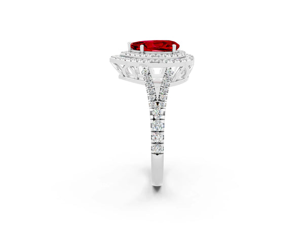 Silver Pear Cut Ruby Double Halo Ring with Pavé Band and Prong Setting